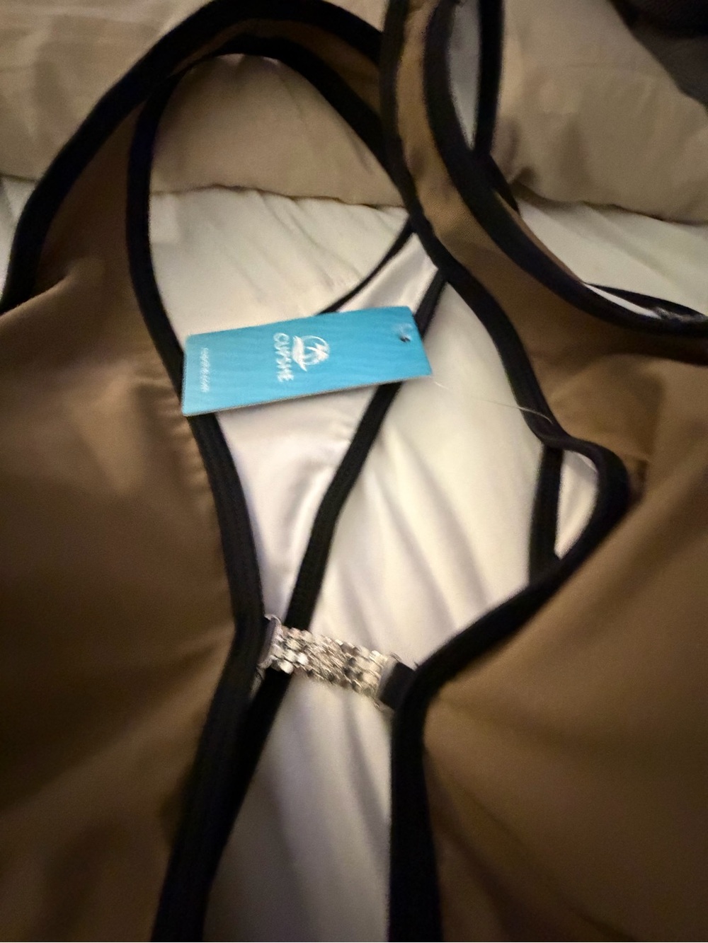 Cupshe One-Piece Swimsuit with Black Trim and Rhinestone Accent | Deep Tan/Gold - Picture 4 of 5